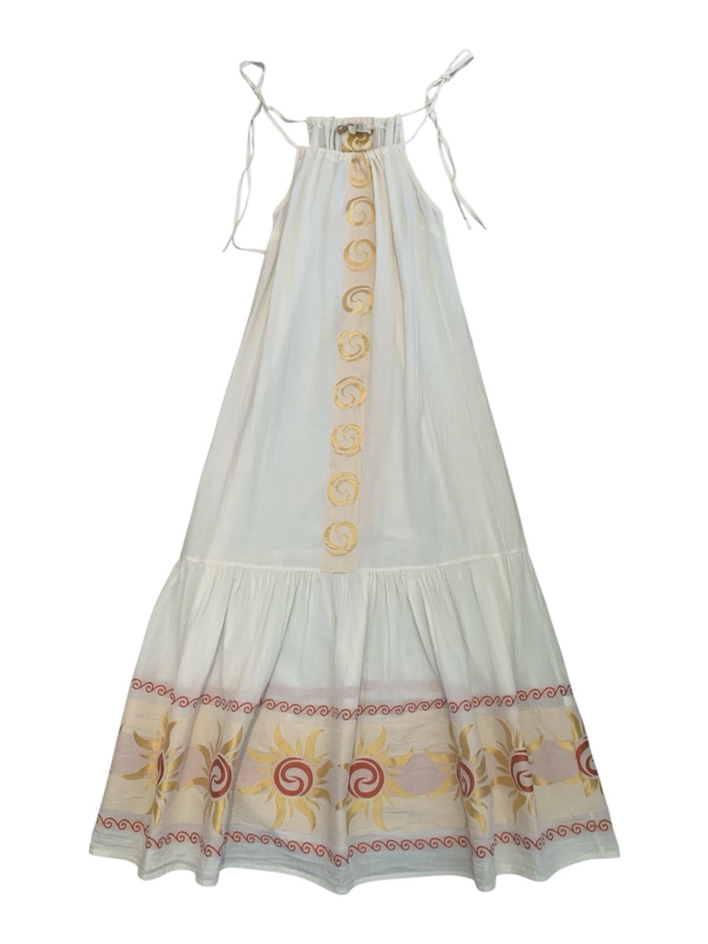 Devotion Twins Athens Embroidered Cotton Midi Dress | Sun Motif Boho Resort M/L - Picture 2 of 9